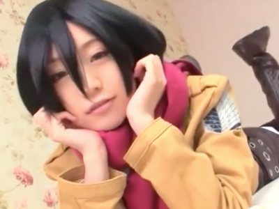 進撃の巨人ミカサコスの黒髪童顔が衣装のままコスハメ撮り